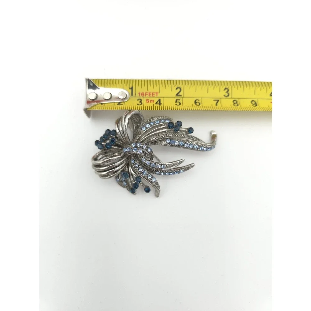 Silver Tone Brooch Blue Rhinestones Bow Ribbon